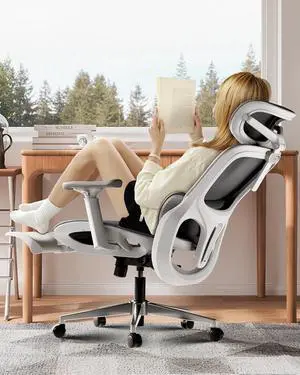 Hbada P2 Ergonomic Office Chair, Office Chair with 3D Lumbar Support, Mesh Chairs with 3D 360° Rotation Arm & 3D Headrest, 135° Stepless Tilt Function, White(with Footrest)