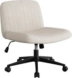 SUNLEI Cross Legged Office Chair with Wheels, Armless Wide Chair's for Vanity Desk, Criss Cross Comfy Chairs with Back, Desk Chair/s of Height Adjustable Swivel, White