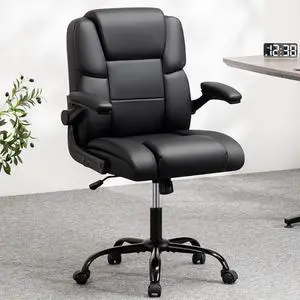 HOFFREE Leather Office Chair Home Computer Desk Chairs with Flip-up Arms and Swivel Wheels Adjustable Height PU Leather Mid Back Ergonomic Executive Office Chair for Short People Black