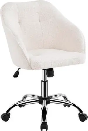 Yaheetech Boucle Desk Vanity Chair with Back Comfy Fluffy Swivel Office Chair with Wheels Adjustable Height Tilt Angle for Bedroom Ivory