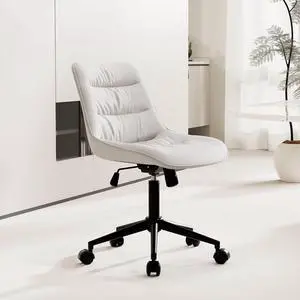 Rowill Mid-Century Modern Faux Leather Office Chair, Ergonomic Armless Desk Chair with Adjustable Height, Silent Wheels, 10-Min Tool-Free Assembly, Ideal for Home Office, Study and Vanity,White