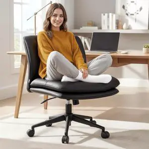 NYPOT Armless Desk Chair with Wheels for Criss Cross Sitting - Cross Legged Wide Armless Chair - Adjustable Vanity 360° Swivel Stool and 120° Rocking Wide Seat Comfy for Home and Office, Color Black