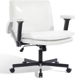 Criss Cross Chair with Flip-Up Arms and Lockable Wheels, Leather Cross Legged Office Desk ChairWider 125°Tilting Adjustable Swivel Computer Chair for Home, Apartment, Bedroom,White