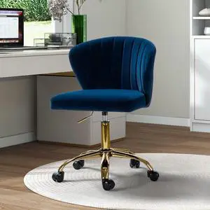 TINA'S HOME Office Desk Chairs with Wheels & Gold Base, Modern Velvet Cute Armless Office Chair, Adjustable Low Back Swivel Rolling Chair, Upholstered Task Chair for Living Room Vanity Study-Navy