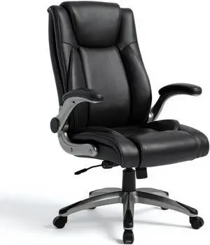 COLAMY High Back Leather Office Chair with Adjustable Lumbar Support Knob, Flip-Up Armrests, Thick Cushioned Seat, Rocking Function, Ergonomic Desk Chair for Home Office or Study, Black