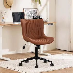 YOUTASTE Coffee Brown Office Chair Modern Armless Desk Chair with Wheels Adjustable Swivel Rocking Rolling Computer Study Chairs Faux Leather Sewing Chairs with Back Stylish Vanity Chair