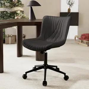 YOUTASTE Black Office Chair, Modern Armless Desk Chair with Back, Adjustable Swivel Rolling Faux Leather Task Chair with Wheels Metal Base for Home Office, Study, or Vanity