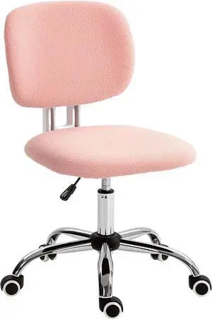 Vinsetto Cute Armless Office Chair, Teddy Fleece Fabric Computer Desk Chair, Vanity Task Chair with Adjustable Height, Swivel Wheels, Mid Back, Pink