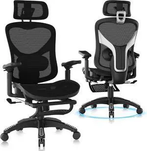 Ergonomic Home Mesh Chair with Footrest, Lumbar Height Adjustment & 215° Rotate Armrests, Recline Lock 90°120°, High-Back Big and Tall Computer Chair, Heavy-Duty Office Chair, Black