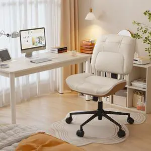 Thickened Armless Office Chair with Wheels, Adjustable Height Vanity Chair PU Leather Mid Back 360° Swivel No Arms Ergonomic Computer Desk Chair for Home Meeting Bedroom Small Space - Beige