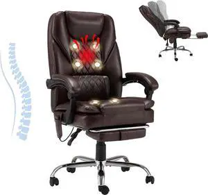 HOMREST 6-Point Massage Office Chair,Heated Executive Chair,Ergonomic Home Office Desk Chair with Foot Rest Retractable Height Adjustable Armrest & Lumbar Support PU Leather (Brown)