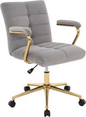 Velvet Home Office Desk Chair, Upholstered Adjustable Swivel Task Chair with Wheels, Tufted Mid-Back Computer Chair with Arms, for Study Living Room Vanity (Grey, Gold Base)