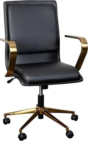 Flash Furniture James Mid-Back Designer Executive Office Chair - Black LeatherSoft Upholstery - Brushed Gold Base and Arms - Height Adjustable 360° Swivel Seat