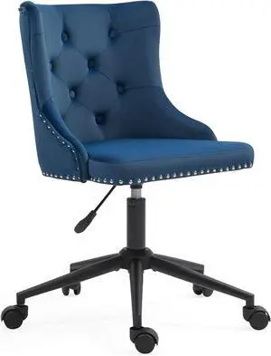 Navy Velvet Modern Upholstered Home Office Desk Chair with Height Adjustable Black Base and Mid-Back Tufted Nail Swivel Vanity Chair (Blue)