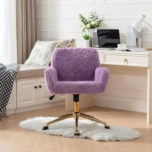 Henf Purple Faux Fur Upholstered Desk Chair Makeup Vanity Chair for Girls,Swivel Office Chair with Gold Base,Height Adjustable Tiltable Computer Chair,Cute Desk Chair for Kids