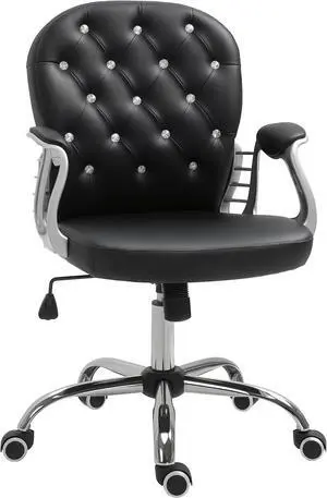 Vinsetto PU Leather Home Office Chair, Button Tufted Desk Chair with Padded Armrests, Adjustable Height and Swivel Wheels, Black