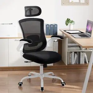 High Back Office Chair with Adjustable Lumbar Support & Headrest, Ergonomic Mesh Desk Chair with Flip-Up Armrests, Breathable & Comfortable Computer Chair for Home, Office & Study, Black