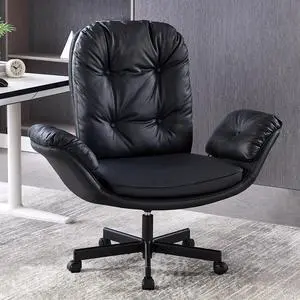 Criss Cross Chair with Armrests & Wheels for Cross-Legged Sitting Comfortable Adjustable Swivel Office Desk Chair PU Leather Vanity Chair for Home, Makeup and Bedroom (Black)