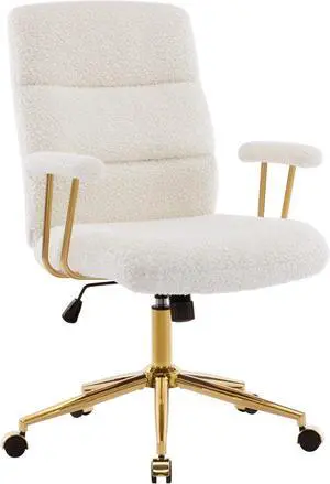 Techni Mobili Elegant White and Gold Fuzzy Office Chair with Textured Boucle Fabric, Modern Desk Chair with Padded Seat, Height Adjustable with Durable Gold Base