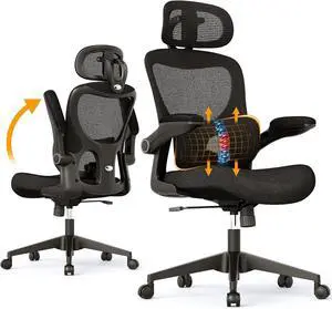 SUNNOW Ergonomic Office Chair, Comfy Mesh Desk Chair, High Back Computer Gaming Chairs with Adjustable Lumbar Support, Flip-Up Arms, Headrest, Tilt Function, Wide Cushion, Swivel Wheel, BIFMA Quality