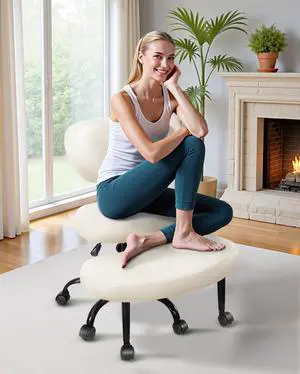 Primy Criss Cross Office Chair - ADHD Cross Legged Chair with Wheels - Adjustable Height Ergonomic Kneeling Desk Chairs for Meditation Yoga Home Office with Backrest, 360°Rotating Footrest -White