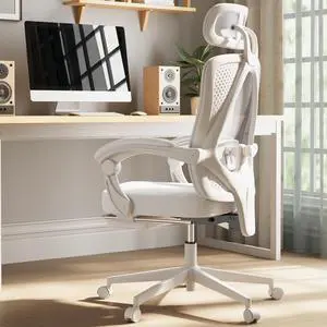 Dowinx Ergonomic Office Chair,Breathable Mesh Computer Chair with Pocket Spring Cushion,Comfy Desk Chair with Adjustable Lumbar Support and Headrest,Steel Base Swivel Task Chair with Footrest White