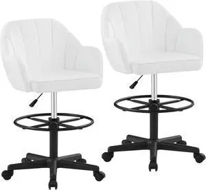 VECELO Home Office Desk Chair with Height Adjustable Seat and Footrest Ergonomic PU Standing Swivel Stool with Back and Arm