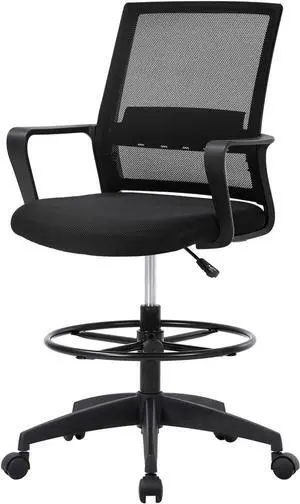 Drafting Chair Tall Office Chair Mesh Ergonomic Mid-Back Desk Chair with Adjustable Foot Ring for Executive Computer Standing Desk, Black