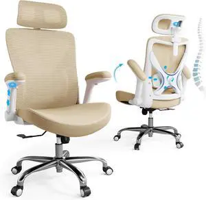Office Home Ergonomic Desk Chair-Computer X-Shaped Chair Mesh PU Leather with Adjustable Lumbar Support-Executive Chair High Back with Headrest Flip-Up Arms for Long Hours (Khaki)