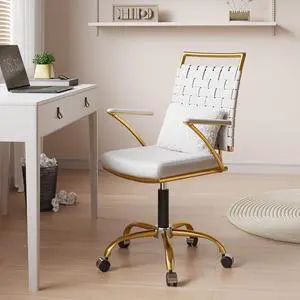 Modern White and Gold Leather Ergonomic Office and Kids Desk Chair with Lumbar Support, Wheels, and Arms - Ideal for Home or Office Use