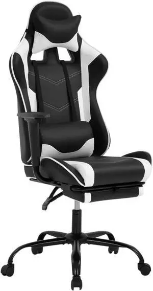Gaming Chair, Ergonomic Office Chair Leather Chair with Adjustable and Swivel and Reclining High Back Computer Chair with Lumbar Support and Headrest, White