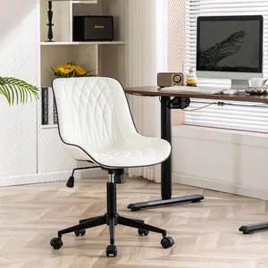 YOUNIKE White Ergonomic Home Office Desk Chair No Arms Comfy Small Criss Cross Chair with Wheels Swivel Adjustable Modern Vanity Chair with Back Armless Cute Leather Upholstered Rolling Task Chair