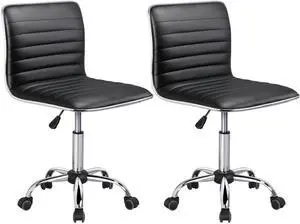 Yaheetech PU Leather Armless Desk Chair Low Back Ribbed Swivel Office Chair with Wheels, Set of 2, Black