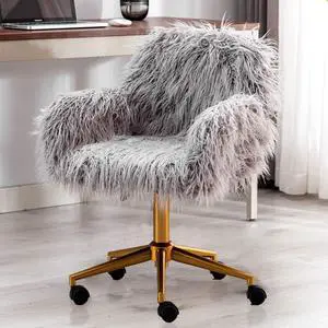 Fluffy Fuzzy Desk Chair Cute Faux Fur Vanity Chair Height Adjustable Swivel Accent Chair Small Home Office Desk Chair with Golden Base