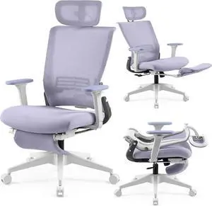 Foldable Office Chair with Foot Rest, Ergonomic Office Chair with Adjustable Lumbar Support, Headrest, Armrest, Home Office Desk Chair for Space Saving, Work from Home, Purple
