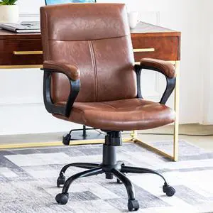 DYHOME Leather Office Chair Brown Desk Chair with Armrest, Ergonomic Computer Chair Mid Back, Mid Century Modern Home Office Desk Chair with 30° Tilting Backrest, Capacity 400lbs