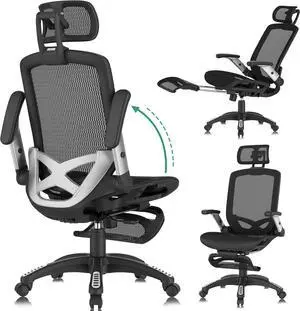 GABRYLLY Office Chair with Footrest, Ergonomic Desk Chair - 135° Recline Wide, 45° Flip-Up Arms,3D Headrest & Mesh Seat, High Back Home Gaming Chair for Adult Man Woman, 300LBS