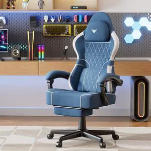 Soontrans Linen Fabric Gaming Chair, Racing Office Computer Desk Chair,Ergonomic Gamer Chair for Adult, High Back Comfortable Video Game Chair with Footrest and Massage Lumbar Cushion,Blue