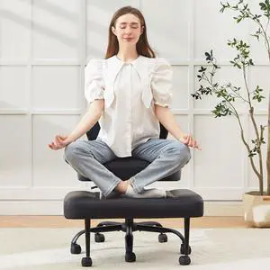 Criss Cross Legged Office Chair with Wheels,Swivel Meditation Chair for ADHD,Ergonomic Cross Legged Desk Chair with Thicken Adjustable Footstool,PU Sitting Fidgeting Kneeling Chair for Home Yoga Black