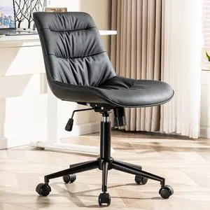 Kidol & Shellder Faux Leather Office Chair, Adjustable Swivel Height Task Chair, Rolling Wheels & Soft Backrest - Armless Ergonomic Desk Chair for Home, Office,Vanity,GamingBlack