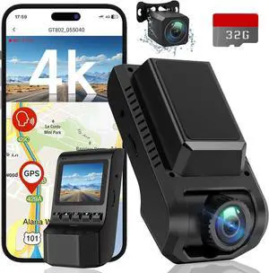 Dash Cam Front and Rear, 4K Ultra HD+1080P Dash Camera for Cars, Built-in Wi-Fi GPS, Included 32GB Card, 2.0'' IPS Screen Mini Car Camera, App, Night Vision, 170°Wide Angle, 24H Parking Mode