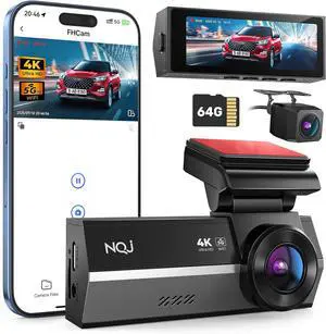 Dash Cams Front and Rear, NQJ 4K+2K Dual Dash Camera for Cars w 64GB Card, 5GHz Wi-Fi & App, G-Sensor, 3.2 Screen, 24H Parking Mode, 170°Wide Angle, Night Vision