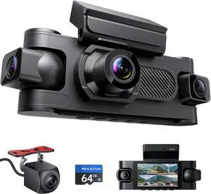 4 Channel Dash Cam Front and Rear Inside Left Right, 1080P Dash Camera for Cars,Car Camera with 3" IPS Screen,Night Vision,Included 64GB Card,Support Optional GPS, 24/7 Recording Parking Mode
