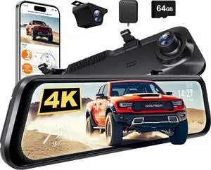 WOLFBOX G850 PRO 4K Mirror Dash Cam with ADAS and BSD, Smart Rear View Mirror with 5.8GHz WiFi, Voice Control, 12 inches Camera Includes 64GB Card, GPS, G-Sensor, Loop Recording