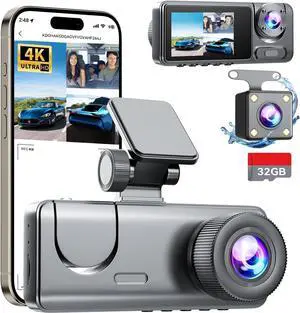 3 Channel Dash Cam Front and Rear Inside, Bulit a 32GB Card, Dash Camera for Cars,4K Full HD 2.0'' IPS Screen Dashcam with G-Sensor, IR Night Vision, WDR, Loop Recording, 24H Parking Mode