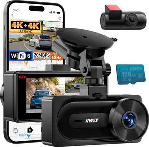 IIWEY 4K+4K Dash Cam Front and Rear, Dual STARVIS w/HDR, 5G WiFi-6 (up to 20MB/s) with App, 128G SD Card Included, GPS, Dash Camera for Cars with 24/7 Parking Mode, 3.18 Inch IPS, 170° Wide Angle