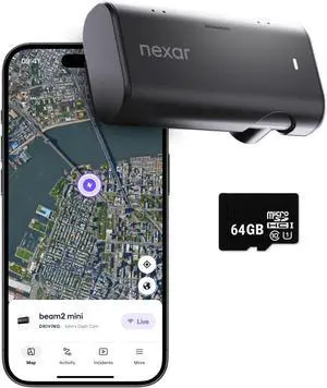 Nexar Beam2 Mini Dash Cam Car Camera 64GB Storage 24H Parking Mode Wide Angle FHD Lens Wireless Dash Camera for Cars Includes $25 OBD Hardwire Kit for Continuous Power