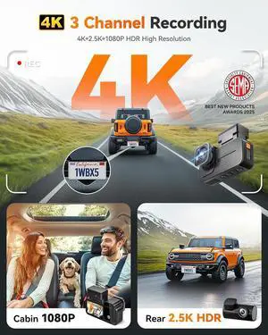 WOLFBOX X5 3 Channel 4K HDR Dash Cam, STARVIS 2 IMX678 Night Vision, 4K+2.5K+1080P Front and Rear Inside Car Camera with 128GB Card and GPS, Support Voice Control, Touch Screen and 5.8GHz WiFi