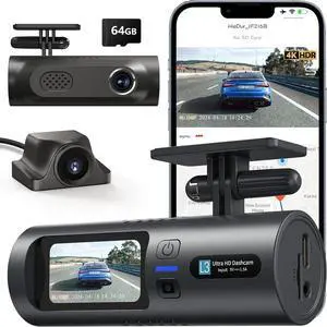 4K Dual Dash Cam Front and Rear 4K/1080P Full HD Dash Camera for Cars, 5G Wi-Fi & App Control car Camera with Night Vision, 170°Wide Angle, WDR, 24H Parking Mode, Free 64GB Card Included
