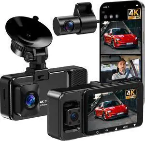 3 Channel 4k Dash Cam Front and Rear and Inside, Car Mount Dash Camera with WiFi, 64GB Card, Night Vision, App Control, Loop Recording, G-Sensor, 24h Parking Mode, 3" IPS Screen